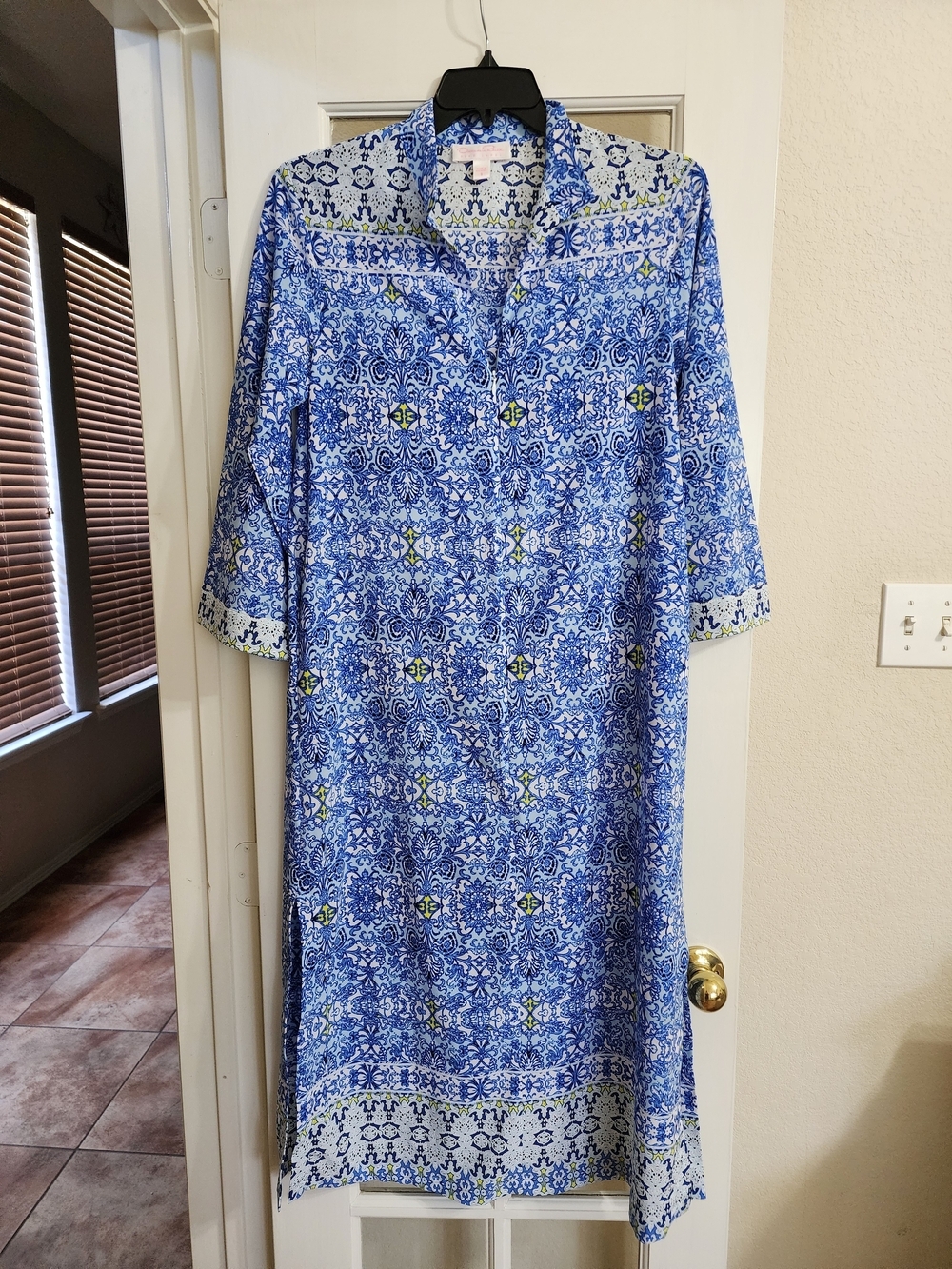 Oscar de la Renta Pink Label Blue Tile Print Caftan Lounge Dress Size Small